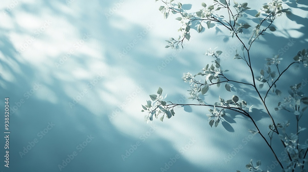 Aufkleber Minimalistic abstract gentle light blue background for product presentation with light and intricate shadow from tree branches on wall : Generative AI