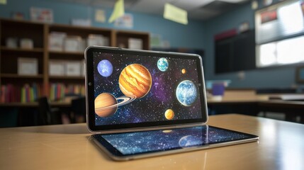 Tablet on classroom desk displays an augmented reality hologram with planets and cosmos, illustrating the use of AR technology for engaging and interactive learning experiences.