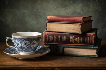Naklejka premium a teacup on a stack of old books