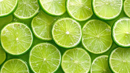 Fresh juicy lime slices as background, top view , ai