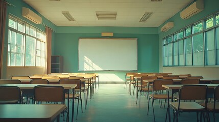 Lecture room or School empty classroom with desks and chair iron wood for studying lessons in high school thailand interior of secondary education with whiteboard vintage tone educatio : Generative AI