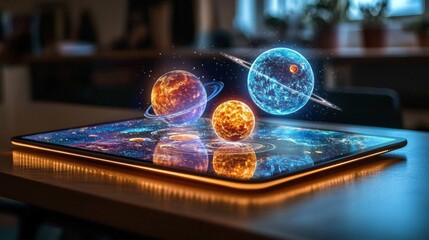 Tablet on classroom desk displays an augmented reality hologram with planets and cosmos, illustrating the use of AR technology for engaging and interactive learning experiences.