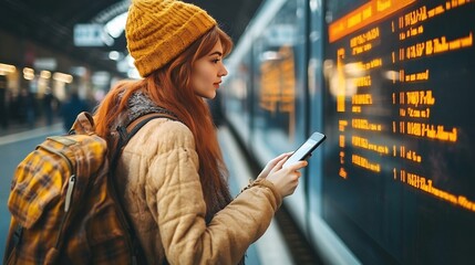Young redhead woman with backpack pointing finger on train timetable on a railway station 30s female with smart phone Looking at Arrival and Departure Information Display Traveler : Generative AI