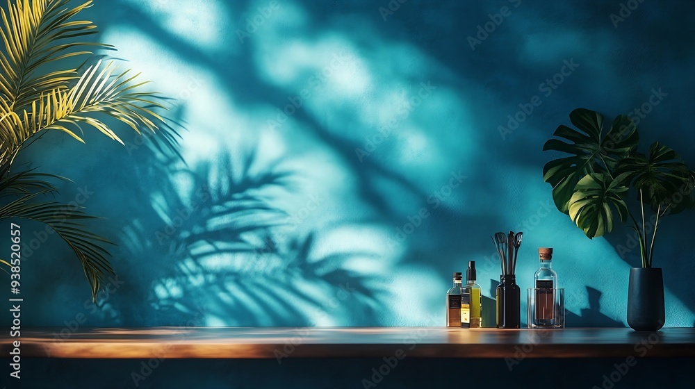 Poster blue background dark 3d studio minimal kitchen table display room abstract scene business light shad