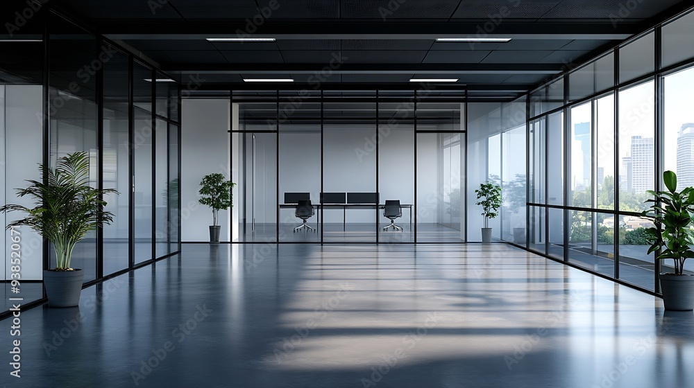 Poster An empty office space with a black ceiling a glass office without furniture : Generative AI