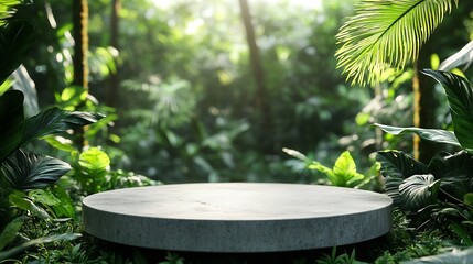 Concrete podium tabletop floor in outdoor tropical garden forest blurred green leaf plant nature backgroundNatural product placement pedestal stand displaysummer jungle paradise concep : Generative AI