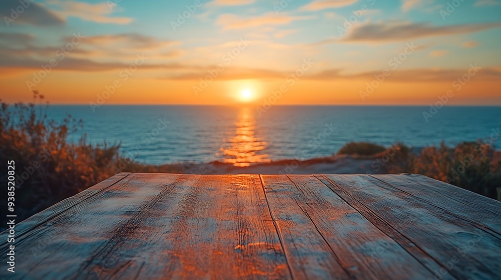 Poster worn old brown table of empty space for your decoration and summer landscape of sea with sunset time