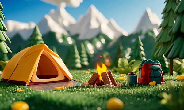 2D cartoon style depiction of a tourist camp featuring a tent campfire and backpack amidst a plasticine landscape emphasizing eco friendly recreation and environmental conservation