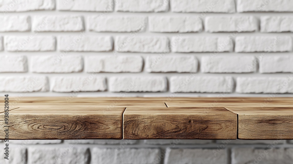 Poster empty space wooden top surface on white brick wall background with natural lighting mockup scene dis