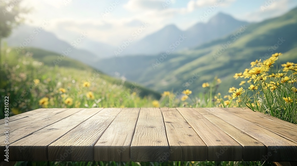 Aufkleber wooden table top on blur mountain and grass fieldfresh and relax conceptfor montage product display 