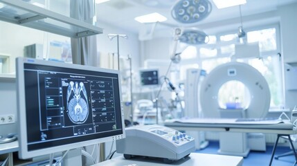 Advanced diagnostic room with a digital display, medical equipment, and clean surfaces, tech-focused and professional with ample copy space for clinical care