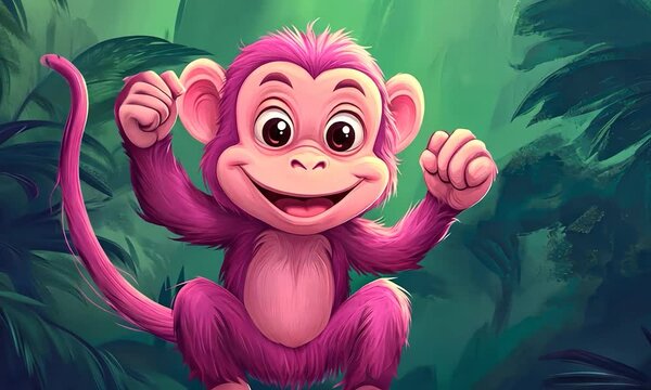 2D cartoon style digital illustration of a playful pink monkey