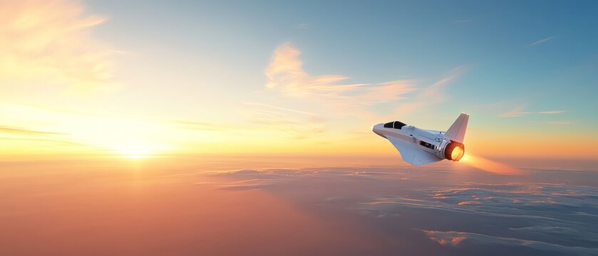 A sleek spacecraft soaring through the sky at sunset, capturing the beauty of flight and exploration in a vibrant atmosphere. Sci fi Concept.