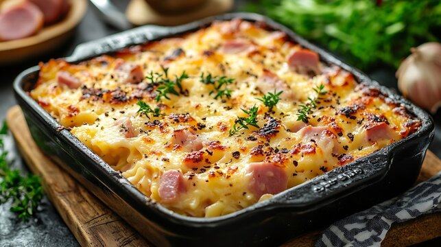 Austrian Baked Ham Cheese and Noodle Casserole closeup on the baking dish on the table Horizontal : Generative AI