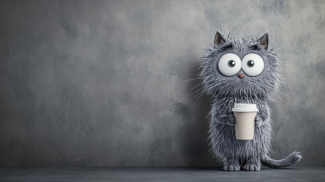 Adorable disheveled gray cat holding a coffee cup with wide eyes, standing against a textured gray background, expressing a humorous, sleepy, and quirky morning vibe
