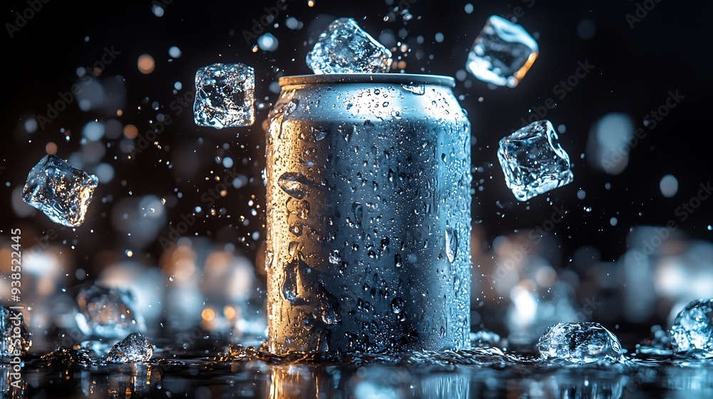 Poster empty aluminium can mockup with flying ice cubes and splash isolated on black background : generativ
