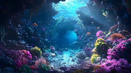 Underwater Cave with Colorful Coral Reef.