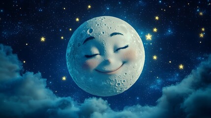 Smiling Moon Face In The Night Sky.