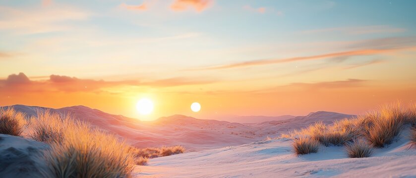 A serene winter landscape at sunrise, showcasing soft snow and golden sunlight illuminating the peaceful horizon. Sci fi Concept.