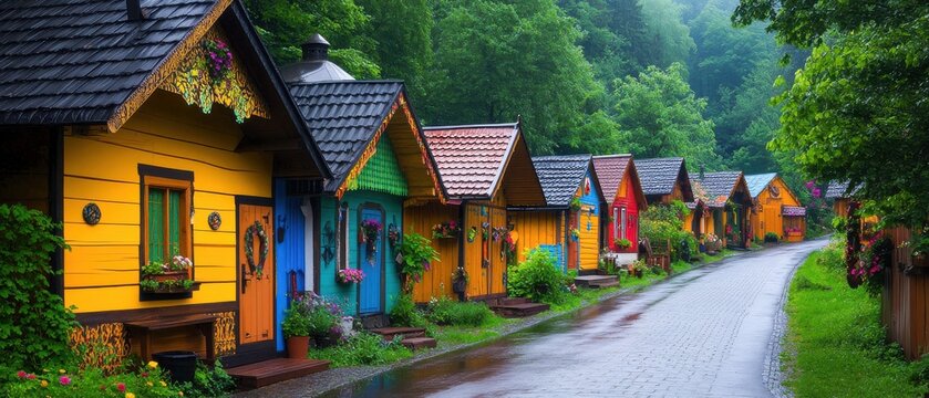 Colorful Houses Lined Up in a Forest