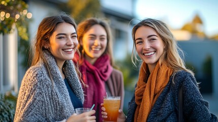 Obraz premium Friends together and walking with blue sky and drinks for wellness outdoor with happiness for freedom Women laugh and smile in neighborhood with discussion on equality rights and oppor : Generative AI