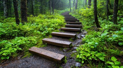 Mystical Forest Path with Wooden Steps