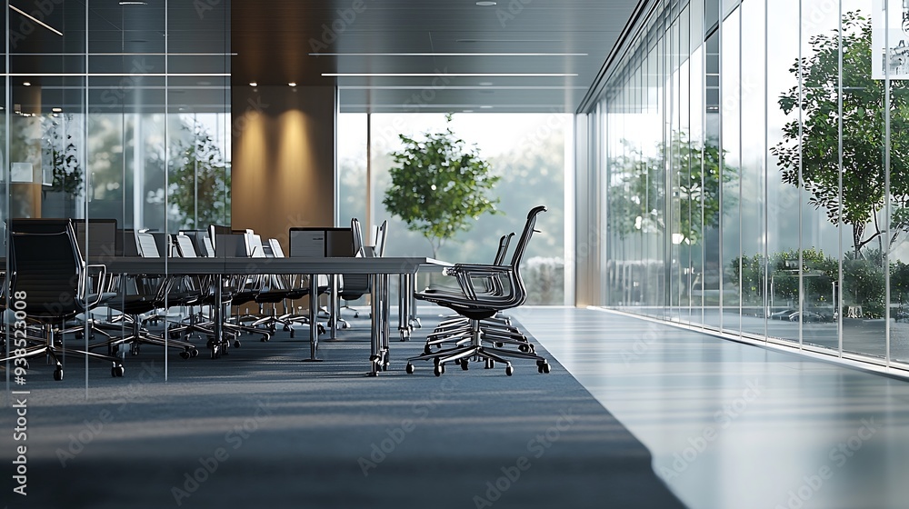 Poster an office in gray tones with long tables and chairs in a worker meeting room with large window and n