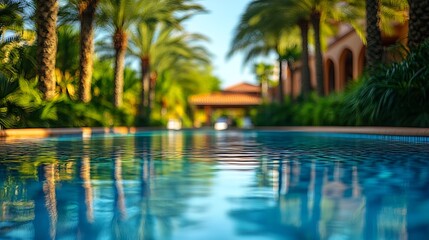 Pool Water Reflection Palm Trees Show Tropical Resort Hotel Villa : Generative AI