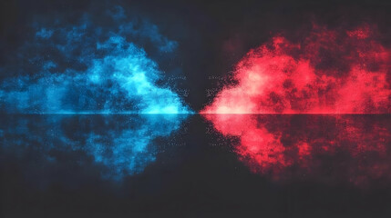 Abstract blue and red clouds on a dark background with a reflective surface in the middle.