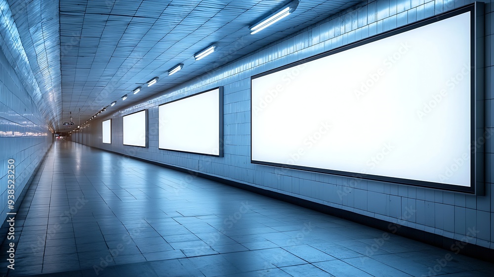 Aufkleber horizontal blank advertising banners posters mockup in underground tunnel walkway outofhome ooh medi
