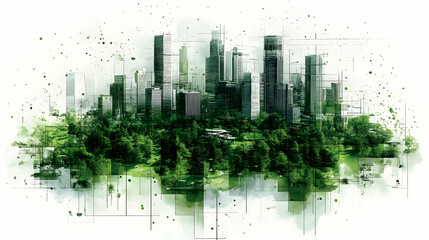 Abstract city skyline with green trees and foliage in the foreground, a watercolor painting with digital overlay.