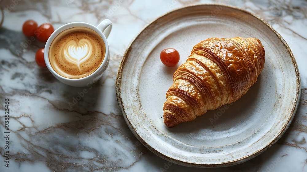 Poster concept of italian breakfast with caffe espresso and croissant top down view image : generative ai