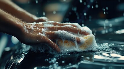 A hand holding a sudsy sponge, wiping down a car surface, with a focus on maintenance