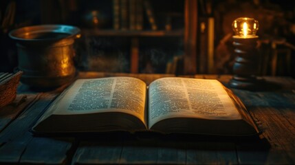 A close-up of an open book with crisp pages, resting on a wooden desk, with warm light creating a cozy atmosphere