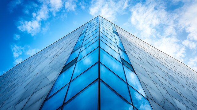 modern building on blue sky background contemporary artistic architecture of concrete and glass sharp triangle shapes : Generative AI