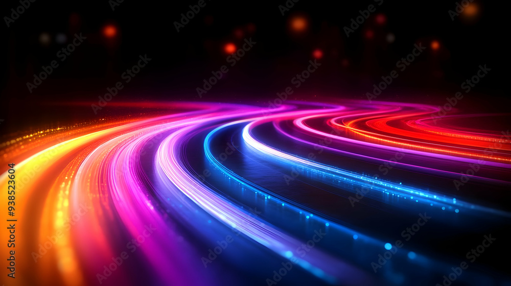 Poster abstract colorful light trails with a blurred bokeh background.