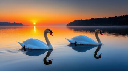 Naklejka premium Romantic Swans at Sunset