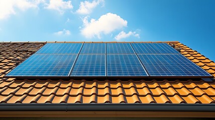 Solar panel installation on clay roof in blue sky with sun background : Generative AI