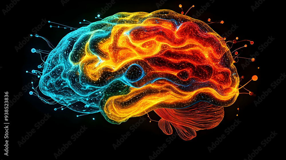 Poster abstract digital brain with colorful lines and dots on black background.