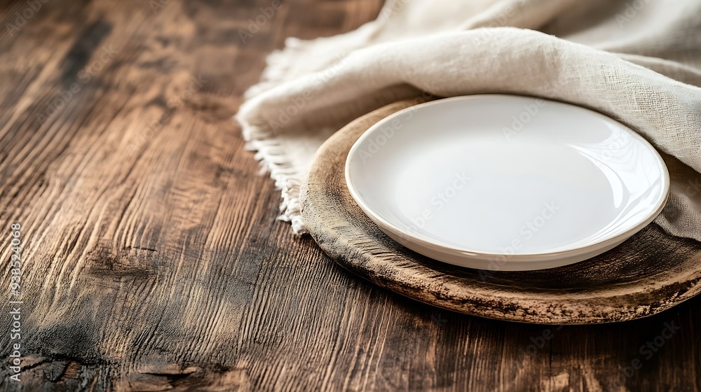 Poster empty white plate with a beige linen napkin on a brown rustic background top view flat lay copy spac