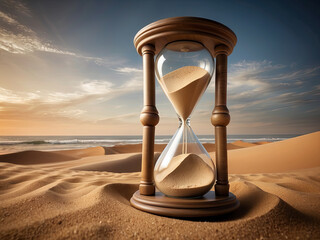 a sand clock in front of the world