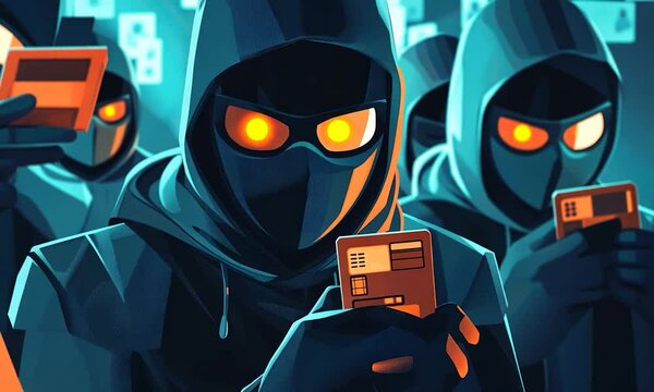 2D cartoon style hackers in black masks engaged with gadgets focusing on themes of data privacy credit card security and cyber attack concepts