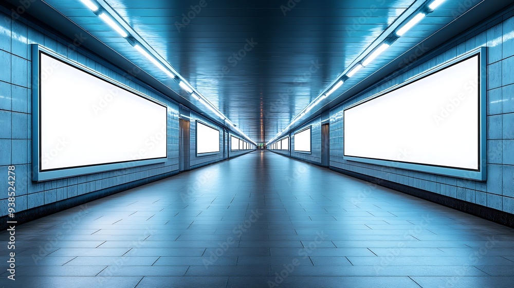 Poster OOH Extrreme Horizontal blank advertising billboard poster template mock up in a long tunnel walkway outofhome media display space mockup in pedestrian linkway digital display : Generative AI
