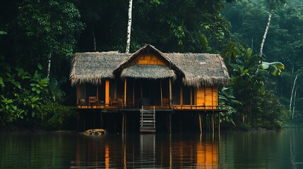 Fototapeta premium Stilt house Housing style in the Amazon rainforest : Generative AI