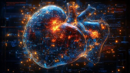 Obraz premium Futuristic medical research or heart cardiology health care with diagnosis vitals infographic biometrics for clinical and hospital design