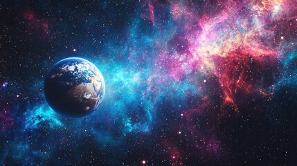 Obraz premium A cosmic scene with Earth, a vibrant galaxy, and countless stars stretching across the universe
