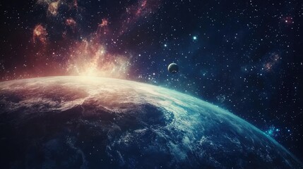 Fototapeta premium A cosmic scene with Earth, a vibrant galaxy, and twinkling stars in the endless universe