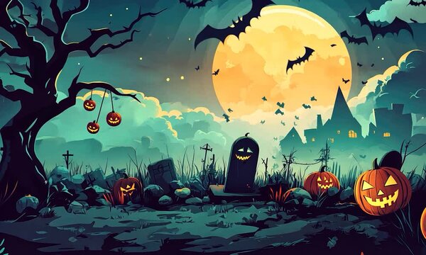 2D cartoon style Halloween background featuring pumpkins a spooky tree a grave moonlight bats and silhouettes
