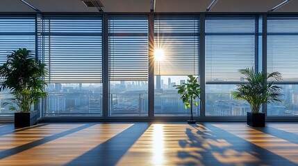 Fototapeta premium Office space with open space Panoramic windows with blinds glass partitions The room is completely ready to install furniture and equipment : Generative AI