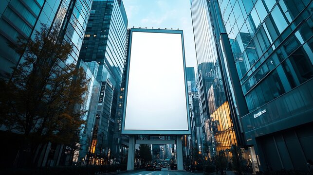 White blank vertical billboard in the city Office buildings in the city center active highway Mockup : Generative AI